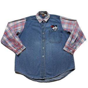 VTG 90s Disney Mickey Minnie Plaid Sleeves Denim Shirt M